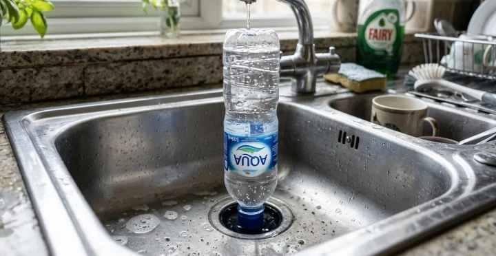 ¿Para qué sirve colocar una botella de plástico con agua boca abajo en el desagüe del lavaplatos?