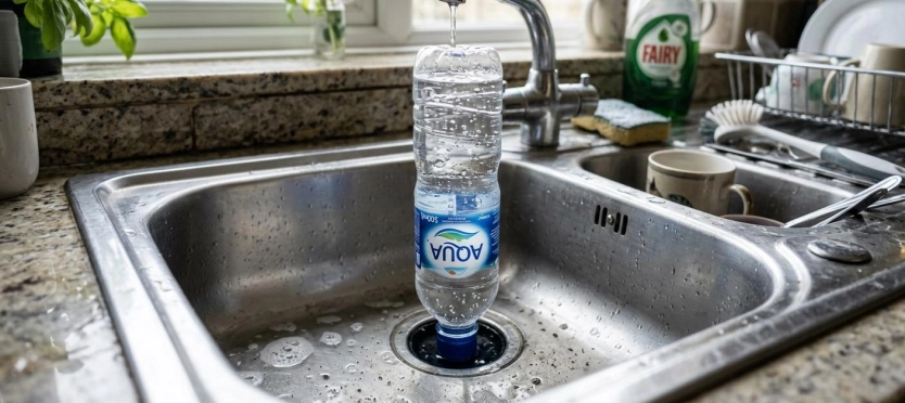¿Para qué sirve colocar una botella de plástico con agua boca abajo en el desagüe del lavaplatos?